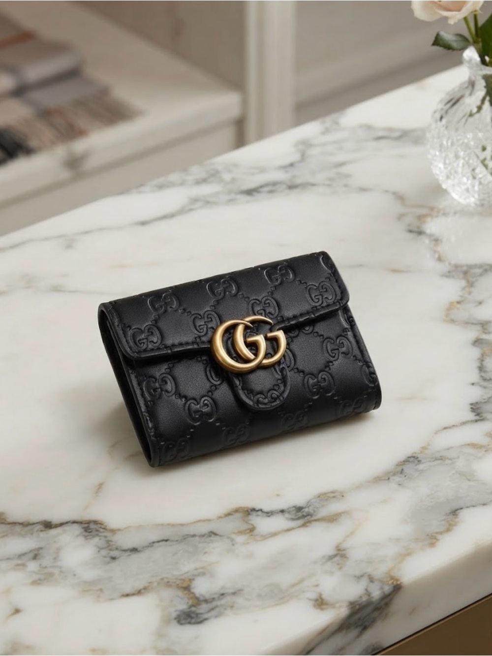 Black Leather Marmont Mini Wallet with Gold Hardware